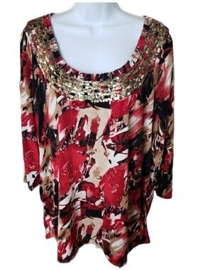 Laura Ashley Red Floral Metallic Ornate Scoop Neck Tunic, 3X